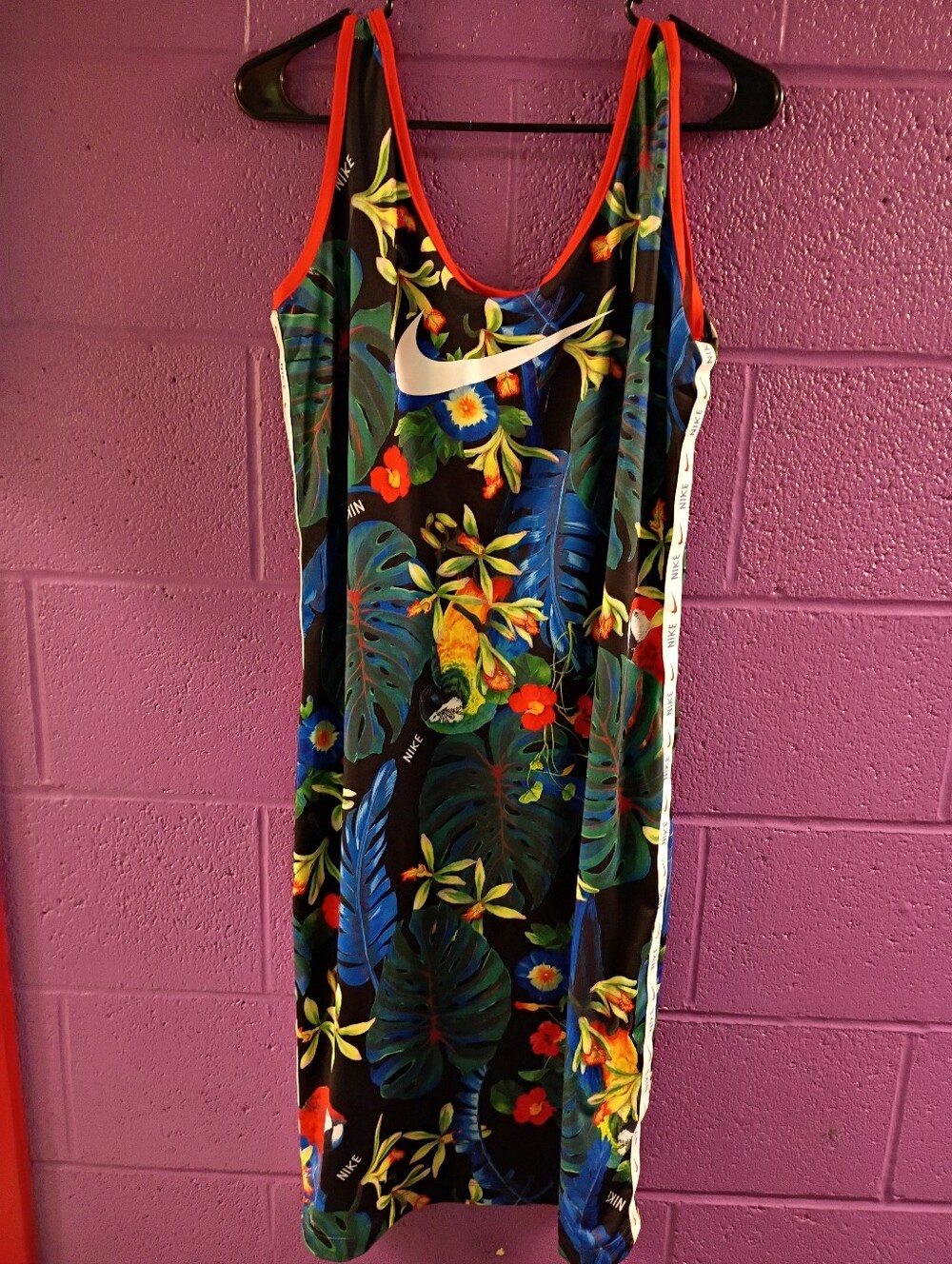 Nike Black Tropical Floral Swoosh Tank Dress with Red Trim